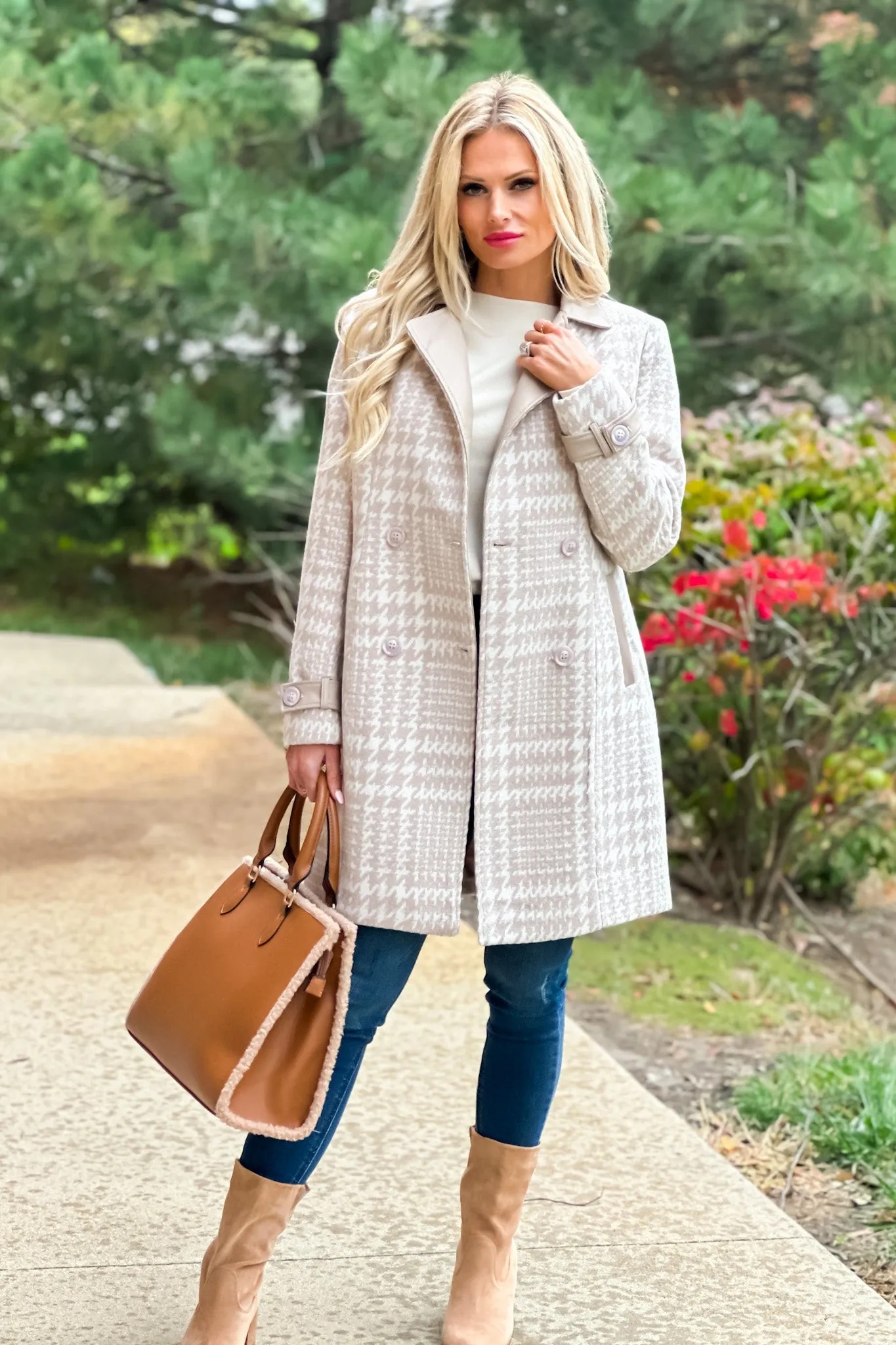 Lead The Way Faux Leather Trimmed Houndstooth Coat : Beige/Cream