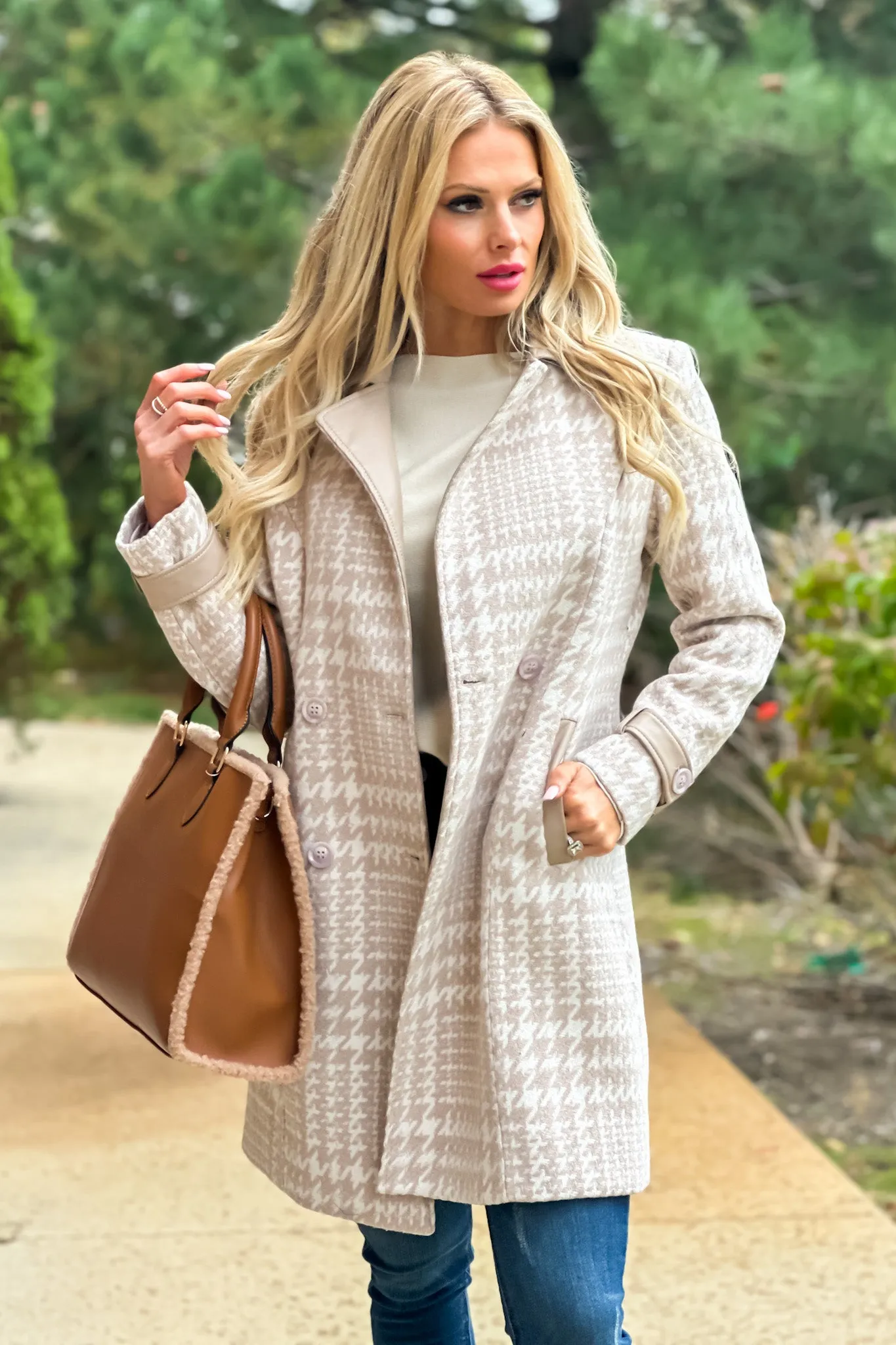 Lead The Way Faux Leather Trimmed Houndstooth Coat : Beige/Cream