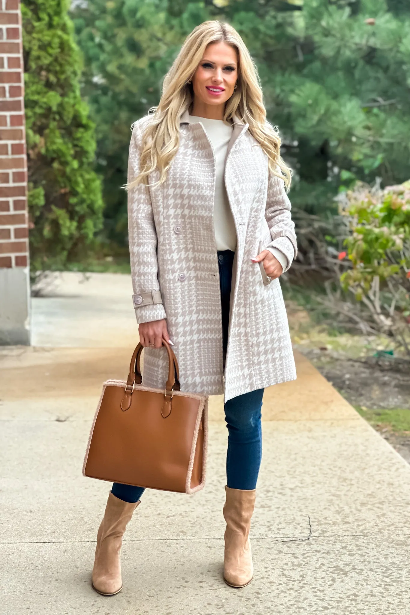 Lead The Way Faux Leather Trimmed Houndstooth Coat : Beige/Cream