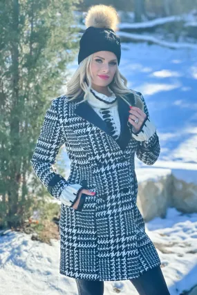 Lead The Way Faux Leather Trimmed Houndstooth Coat : Black/White