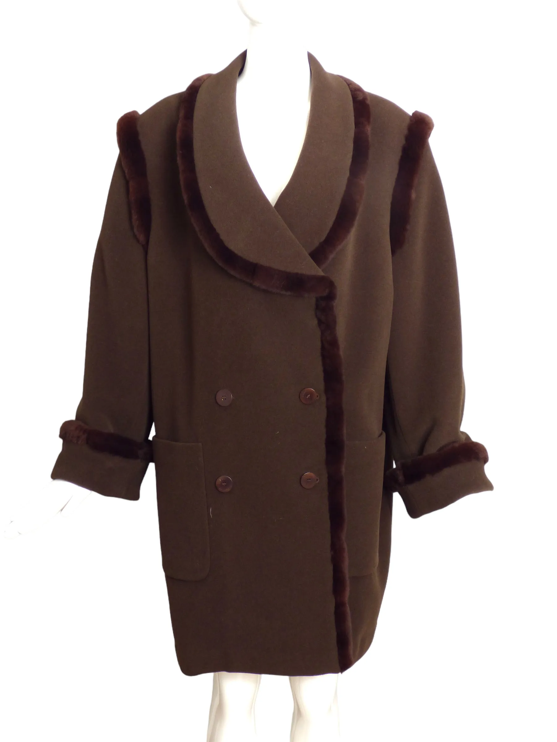 LOUIS FERAUD- AS IS 1980s Brown Wool & Fur Trim Coat, Size 12