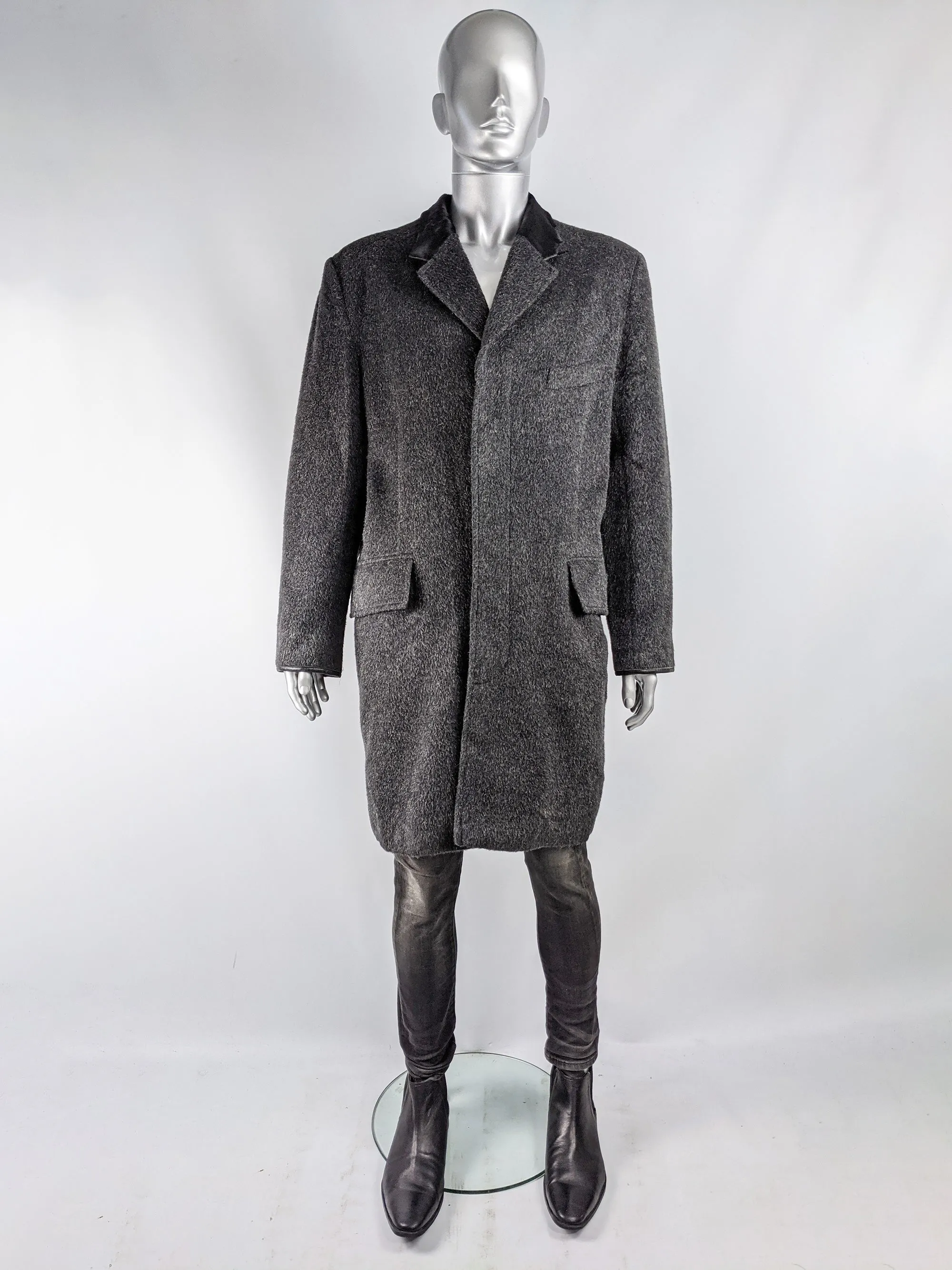 Mens Vintage Grey Wool & Ponyskin Chesterfield Coat, 1990s