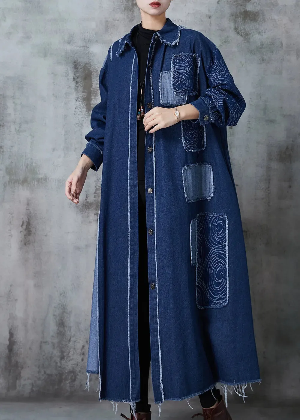 Navy Patchwork Applique Denim Trench Oversized Spring JK1029