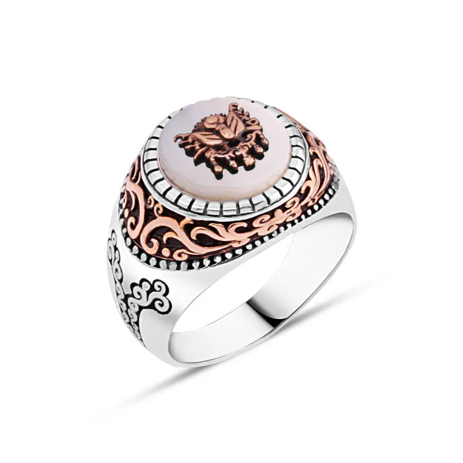 Ottoman Coat of Arms on White Small Circle Mother of Pearl Stone Silver Men’s Ring with Wavy Top Pattern