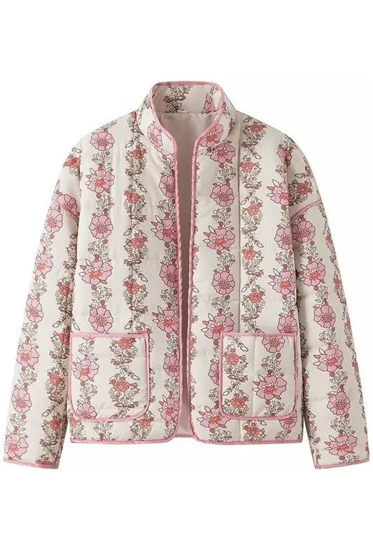 Pink Floral Print Quilted Jacket