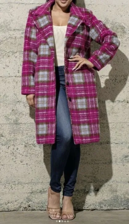 Pink tartan wool coat