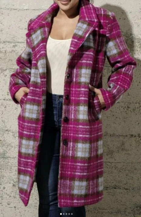 Pink tartan wool coat