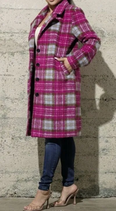 Pink tartan wool coat