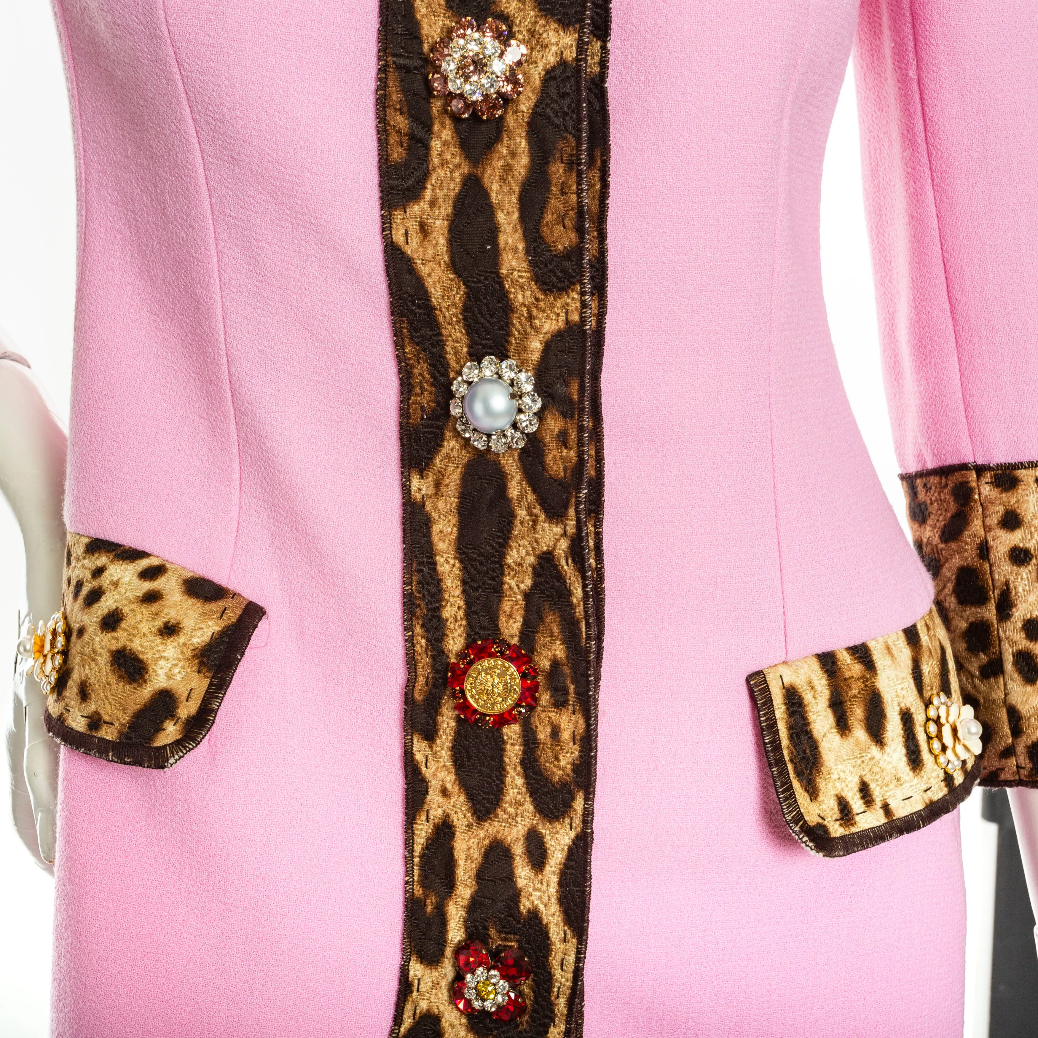 Pink Wool-Blend Leopard Print Bejeweled Coat