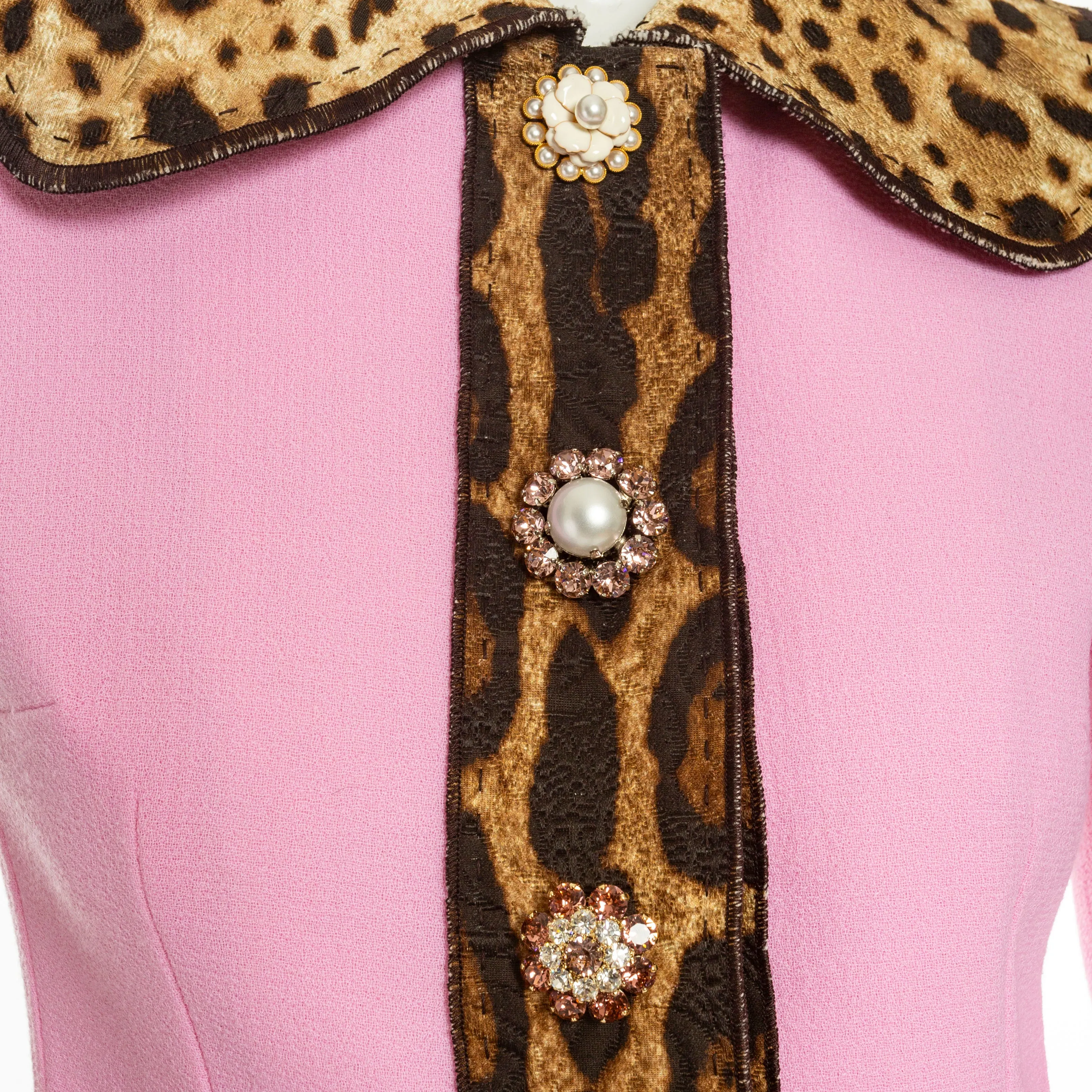 Pink Wool-Blend Leopard Print Bejeweled Coat