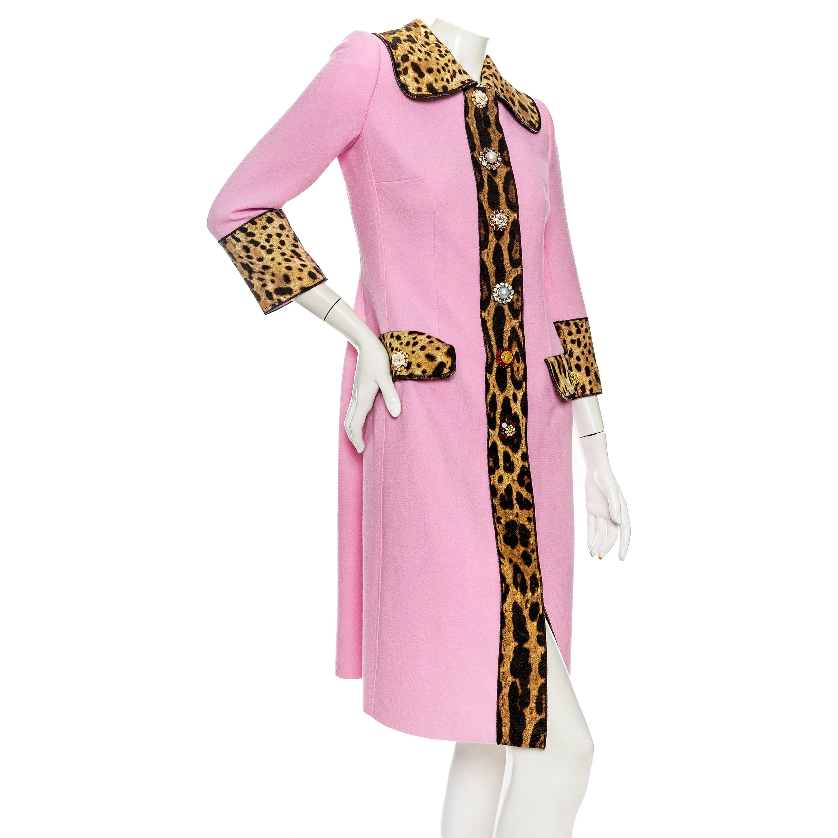 Pink Wool-Blend Leopard Print Bejeweled Coat