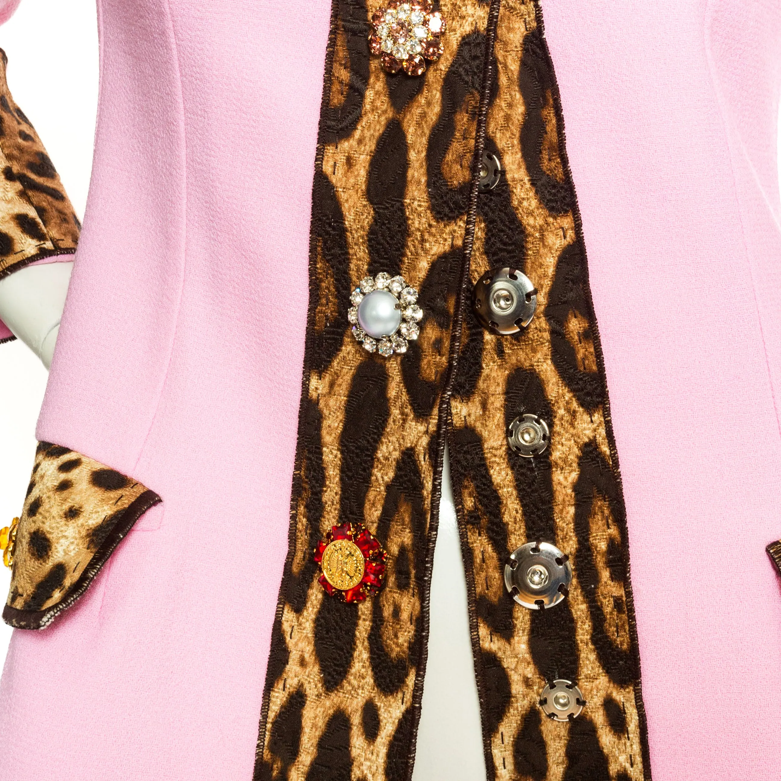 Pink Wool-Blend Leopard Print Bejeweled Coat