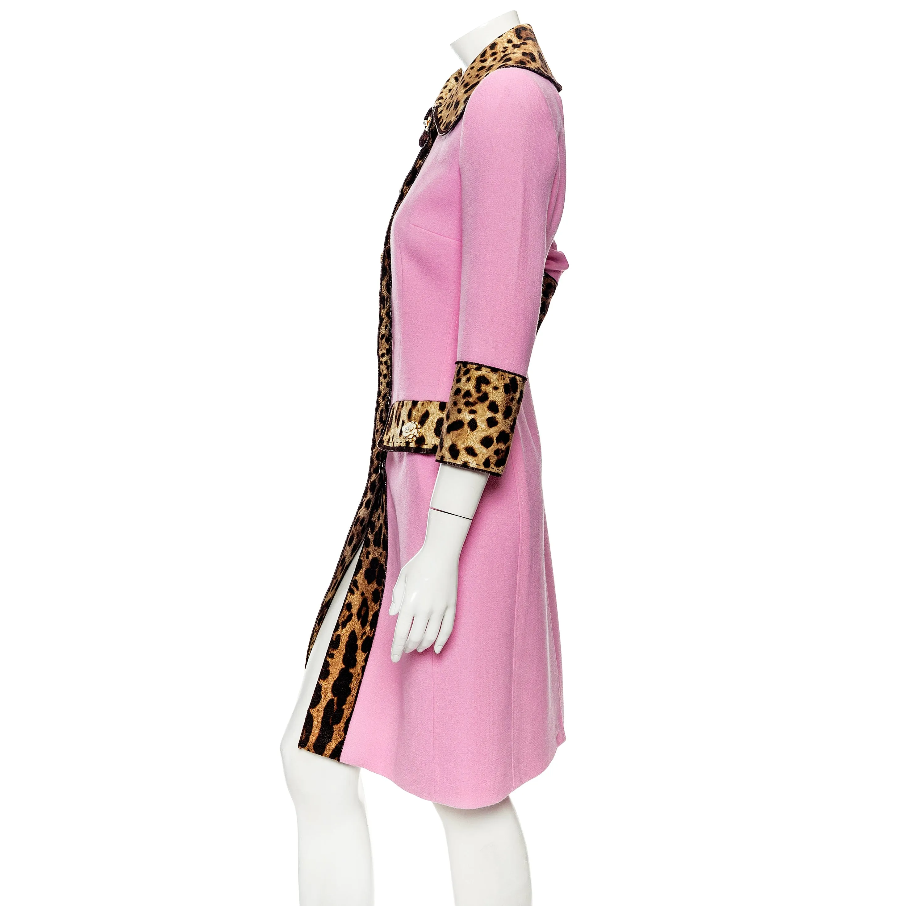 Pink Wool-Blend Leopard Print Bejeweled Coat