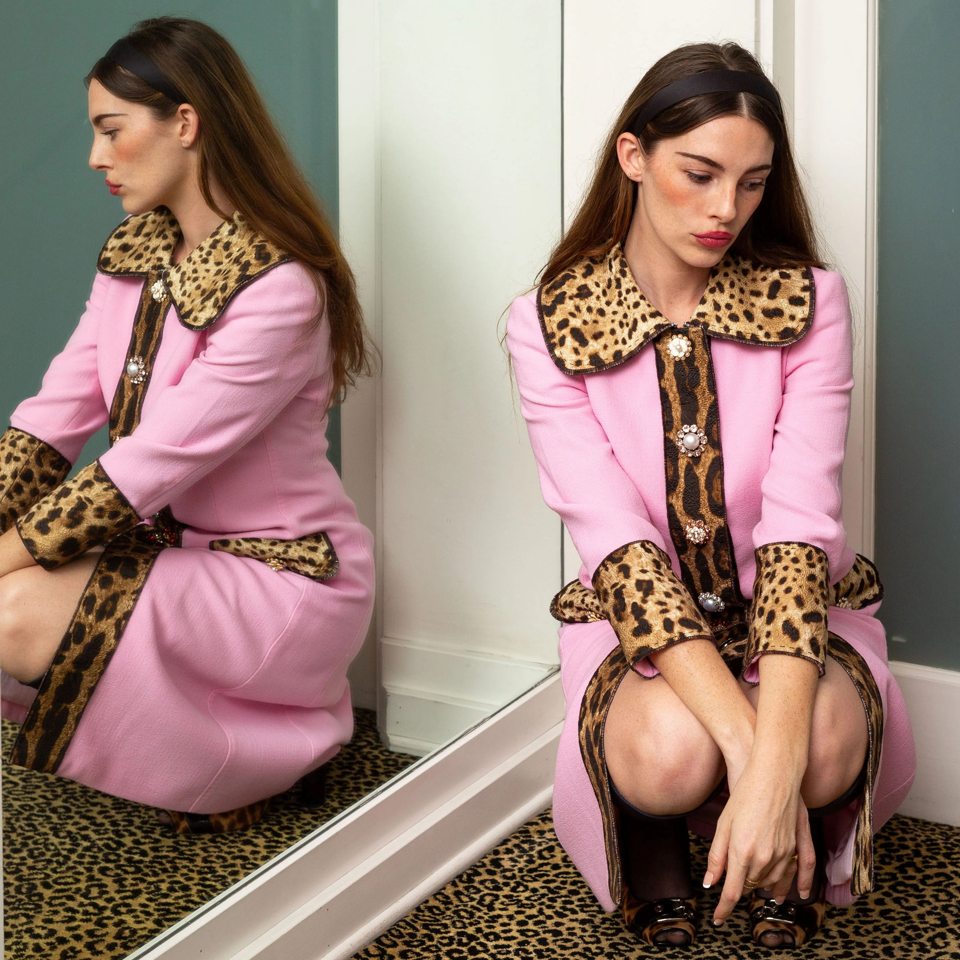 Pink Wool-Blend Leopard Print Bejeweled Coat