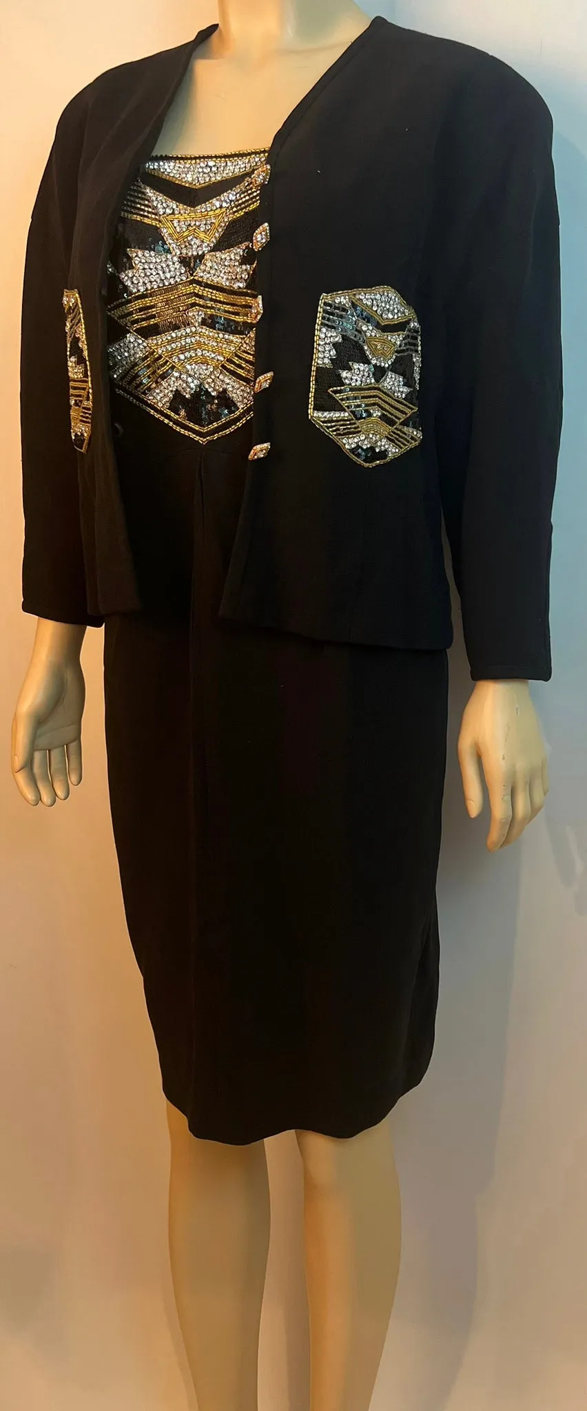 Rare Chanel 1985 Runway Haute Couture Crystal Embellished 2 Piece Dress Jacket Set