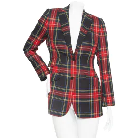 Red and Navy Wool-Blend Tartan Leopard Print Blazer