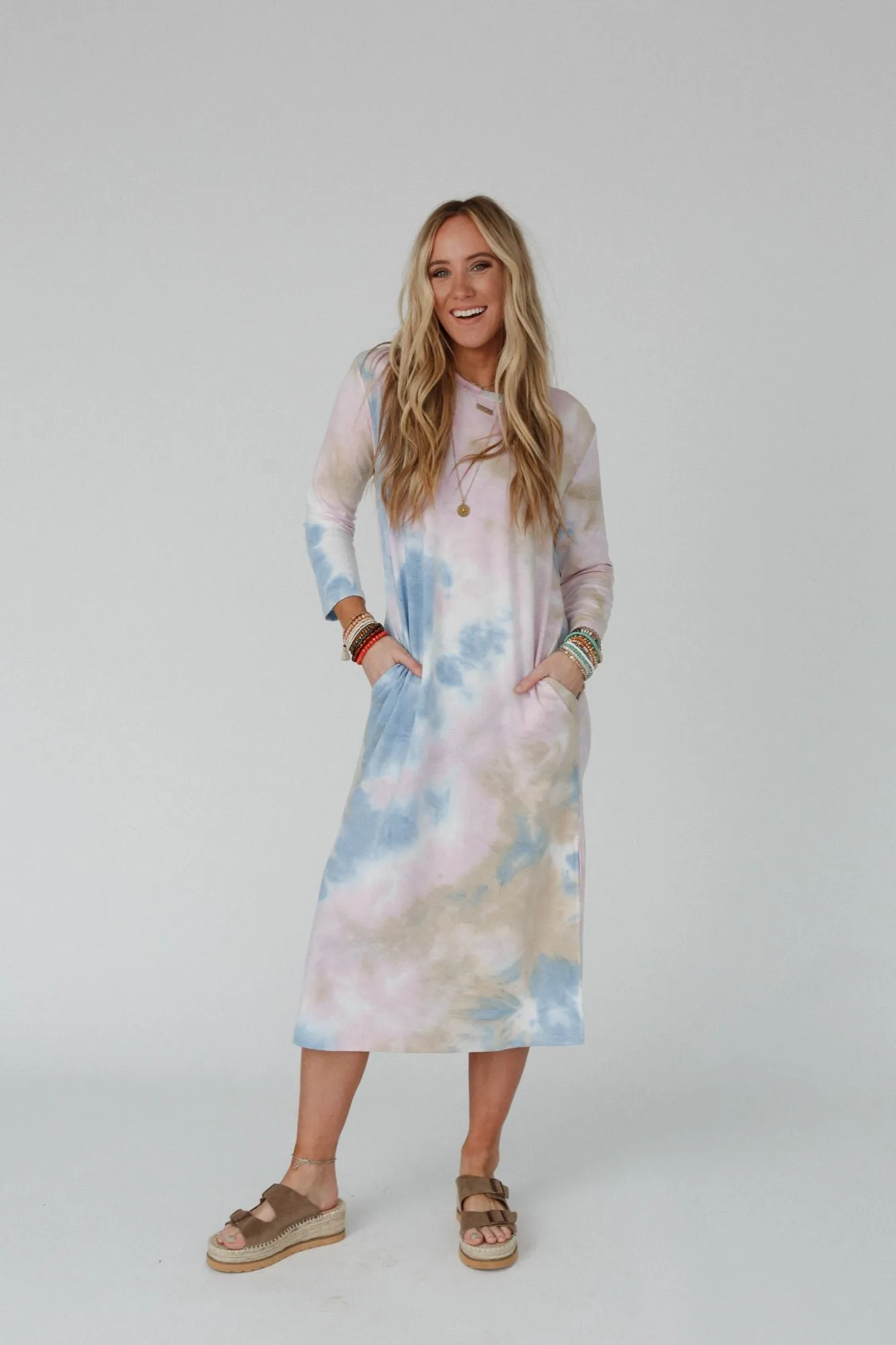 Soul Shine Pocketed Tie Dye Midi Dress - Lavender Taupe