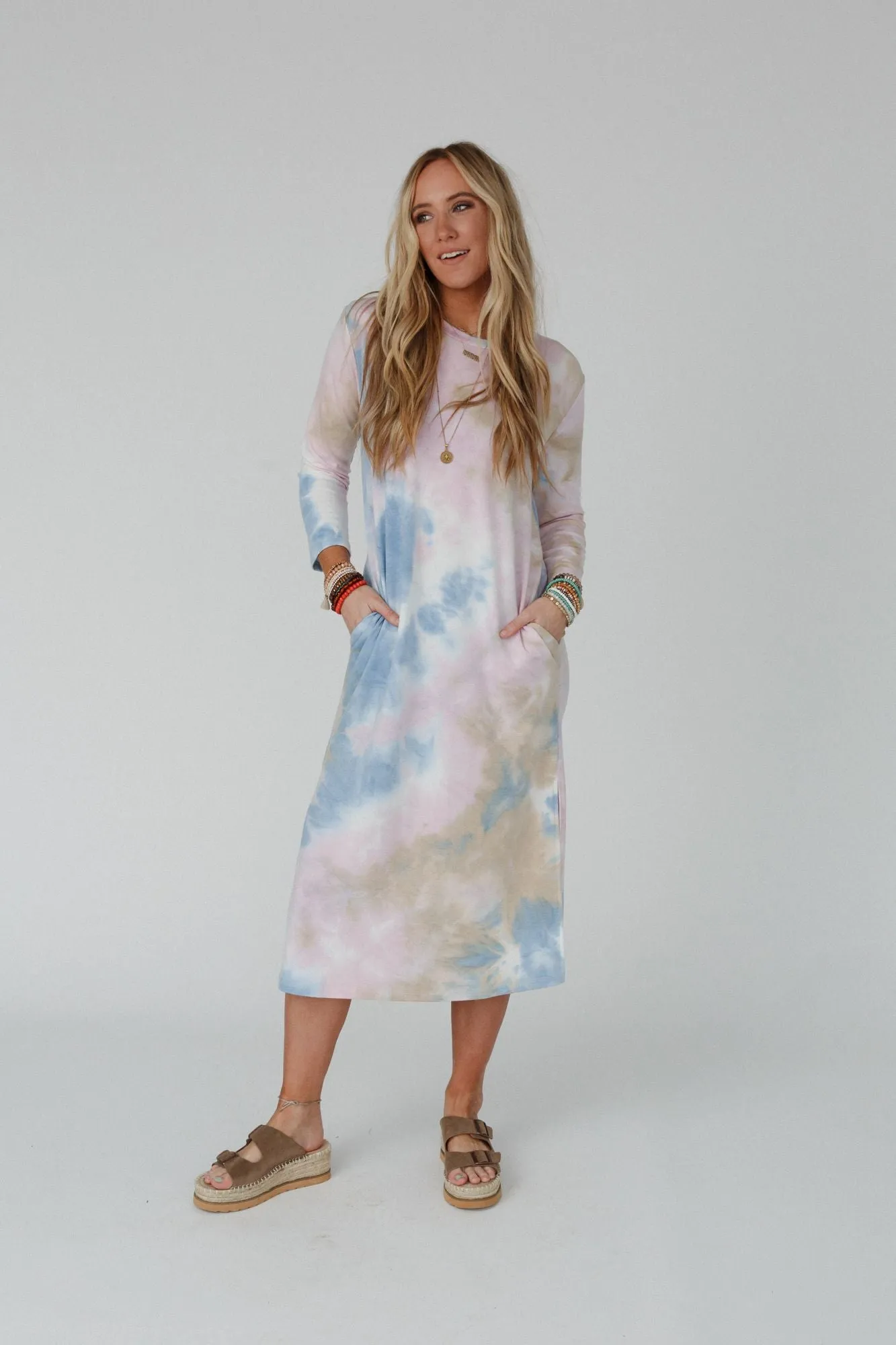 Soul Shine Pocketed Tie Dye Midi Dress - Lavender Taupe