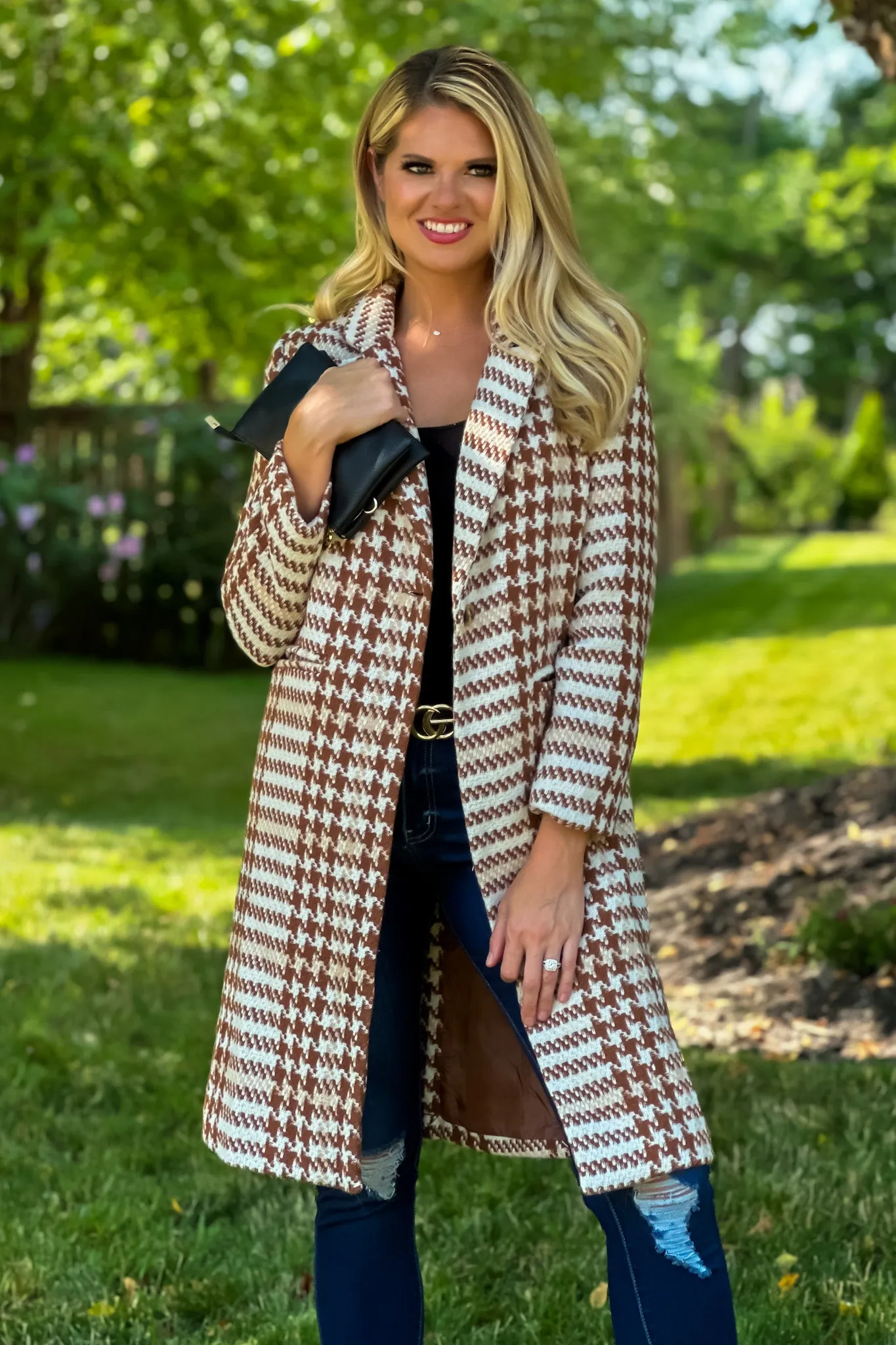 Storyteller Houndstooth Knee Length Coat : Camel/Cream