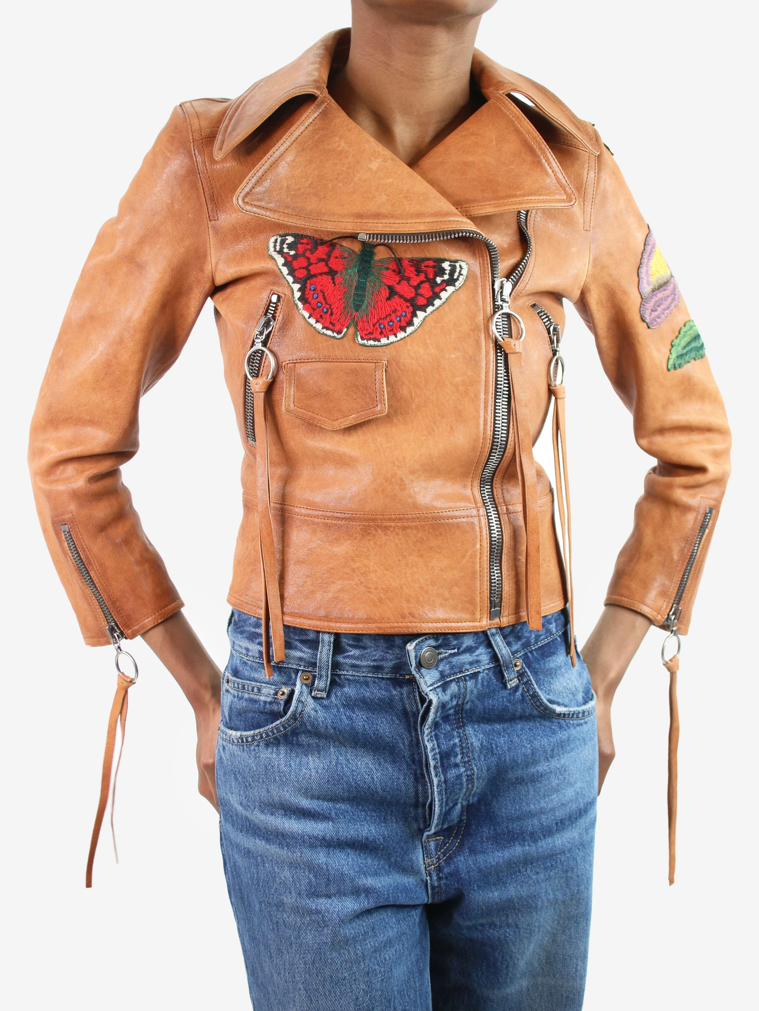 Tan leather biker jacket - size IT 36