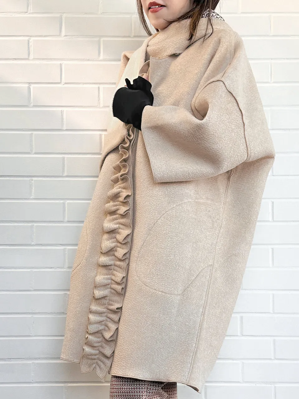 Taupe Ruffled Cashmere Luxury Cocoon Coat with Matching Scarf