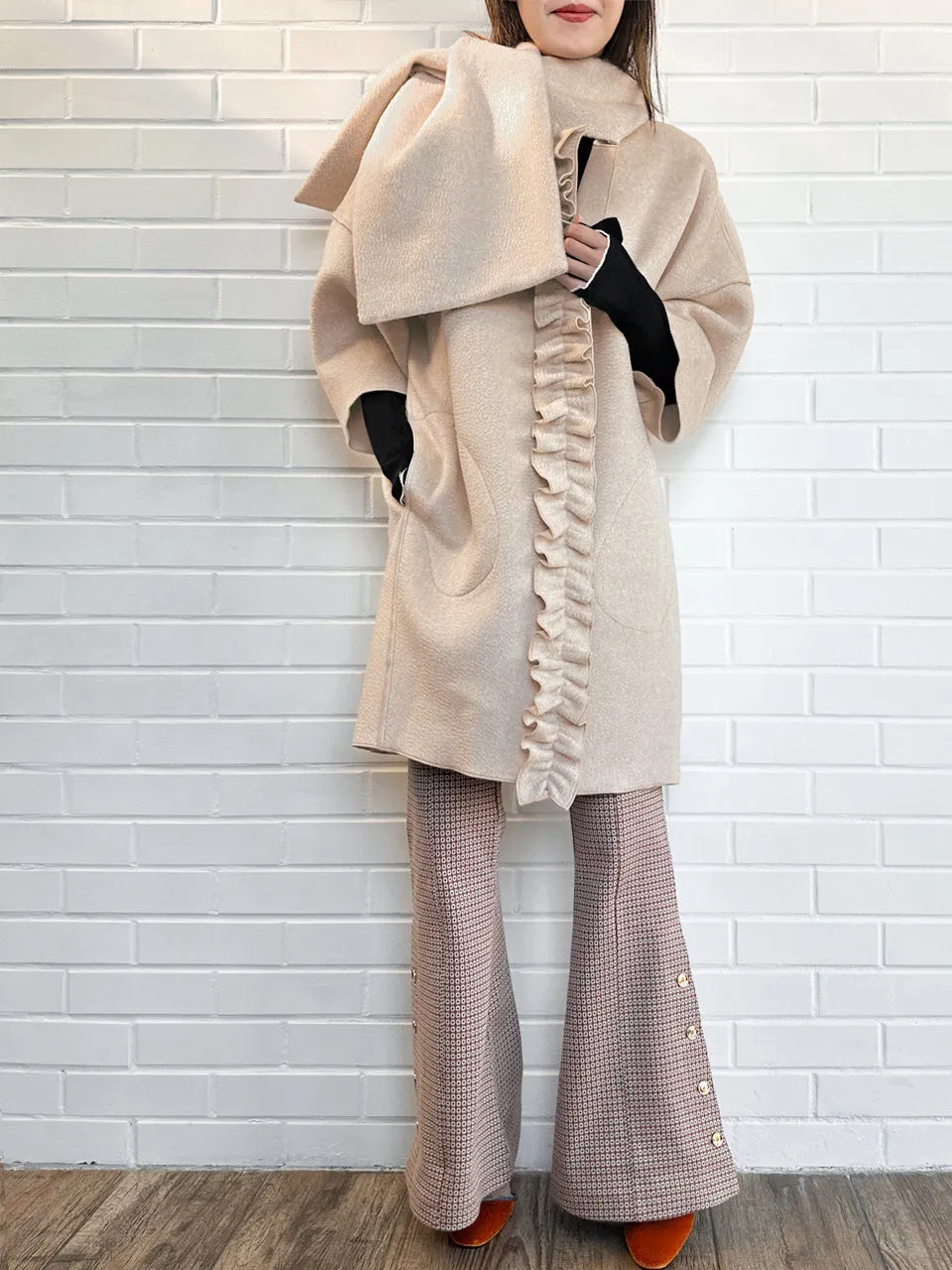 Taupe Ruffled Cashmere Luxury Cocoon Coat with Matching Scarf