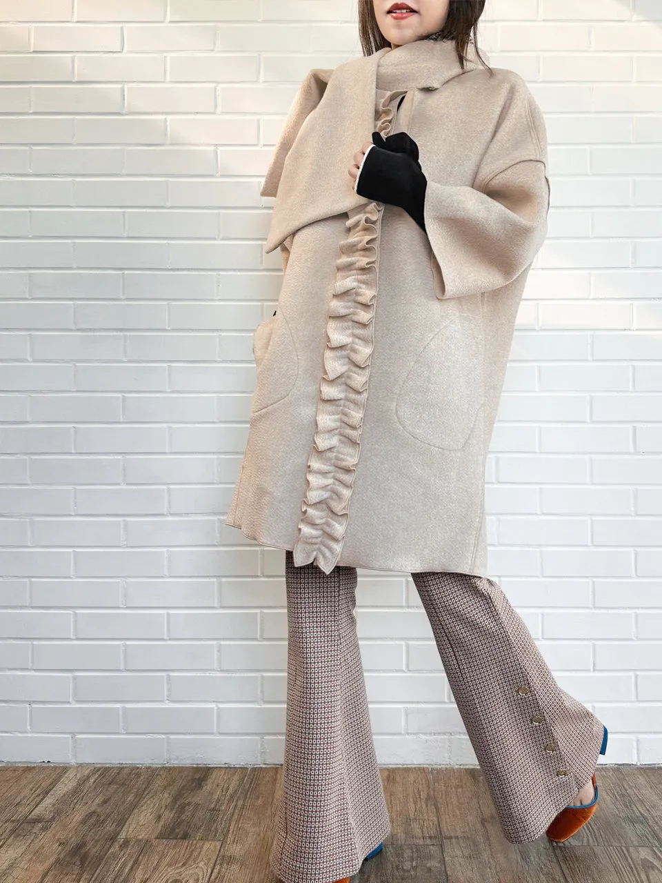 Taupe Ruffled Cashmere Luxury Cocoon Coat with Matching Scarf