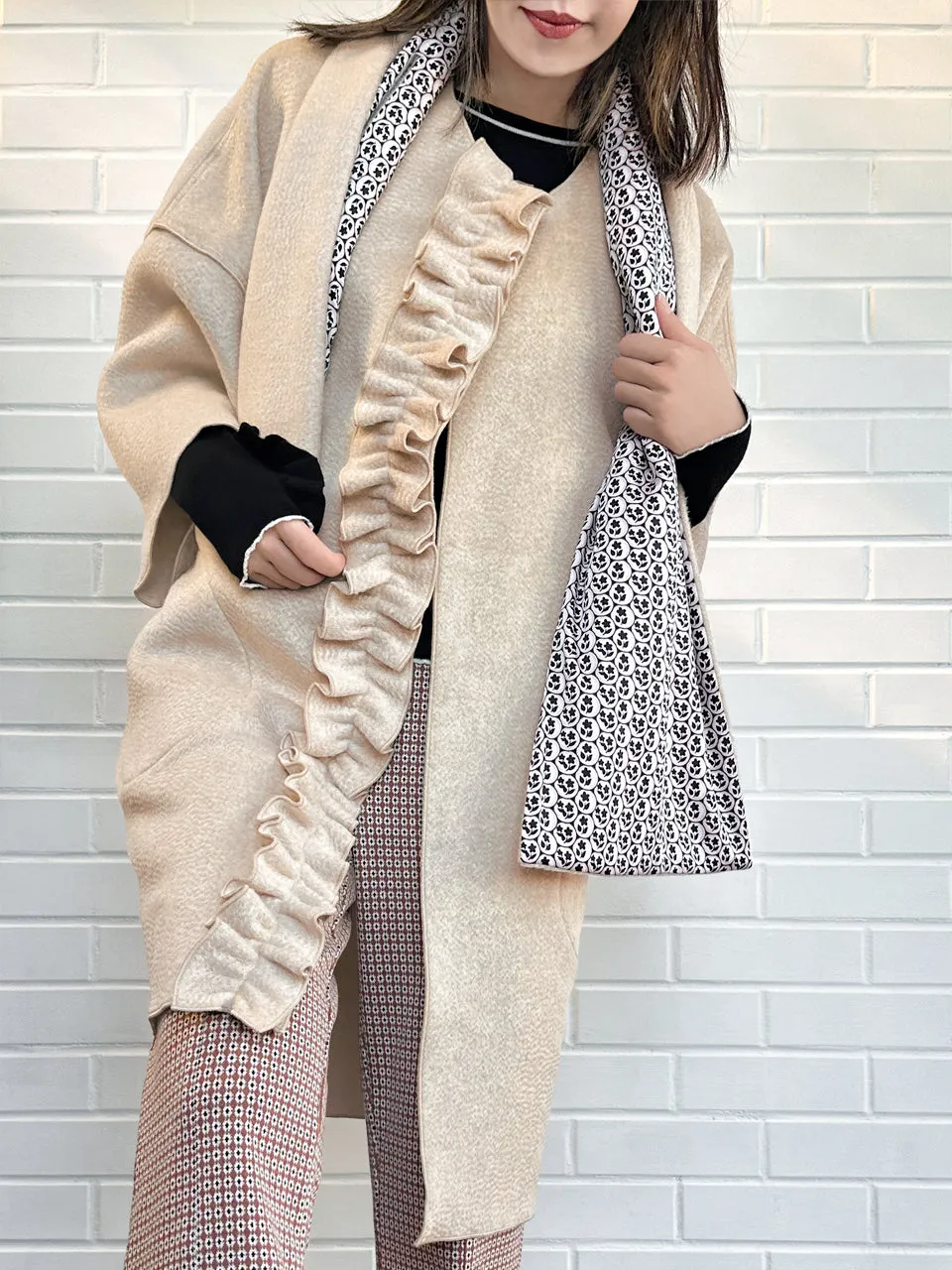 Taupe Ruffled Cashmere Luxury Cocoon Coat with Matching Scarf