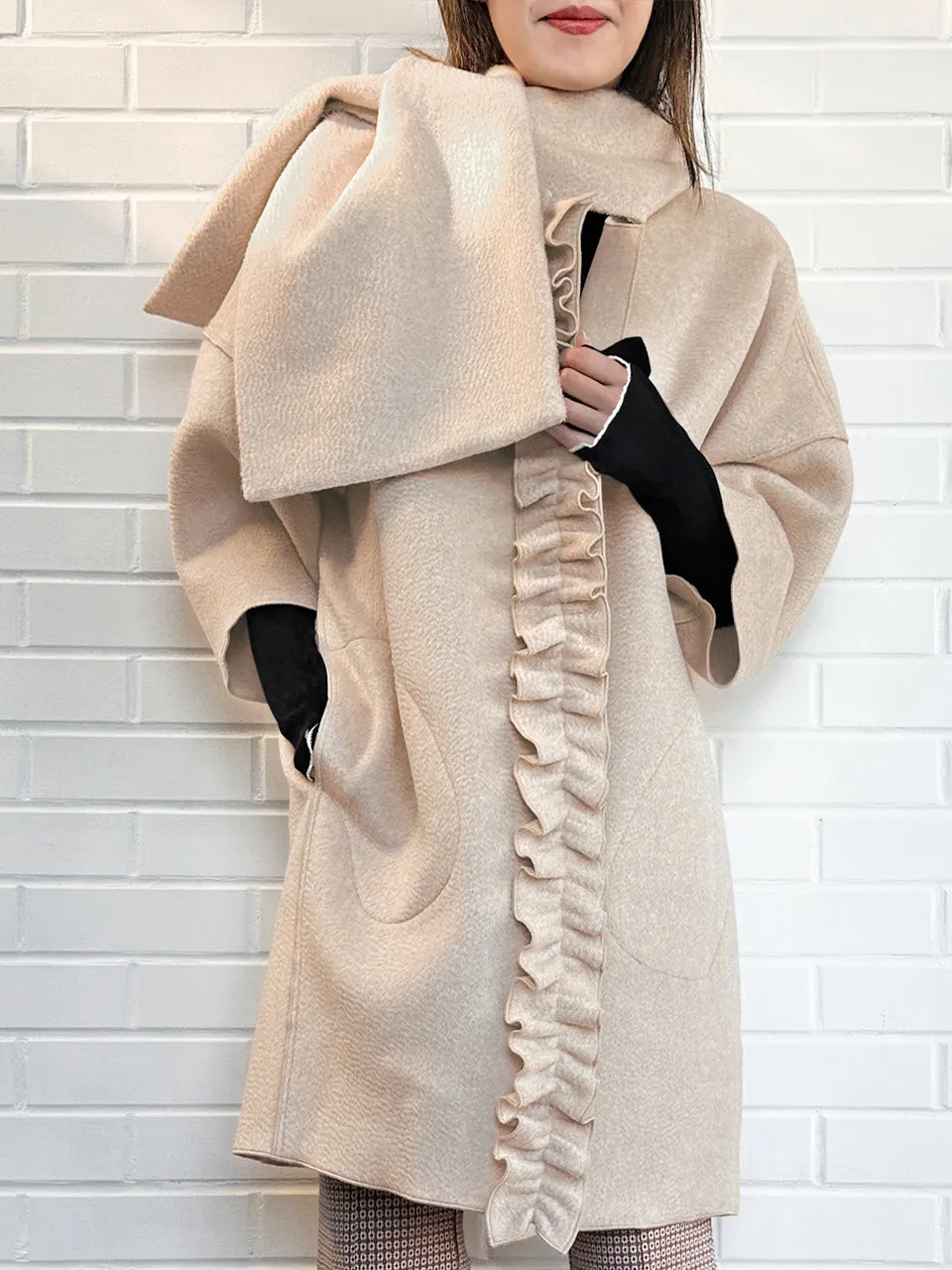 Taupe Ruffled Cashmere Luxury Cocoon Coat with Matching Scarf