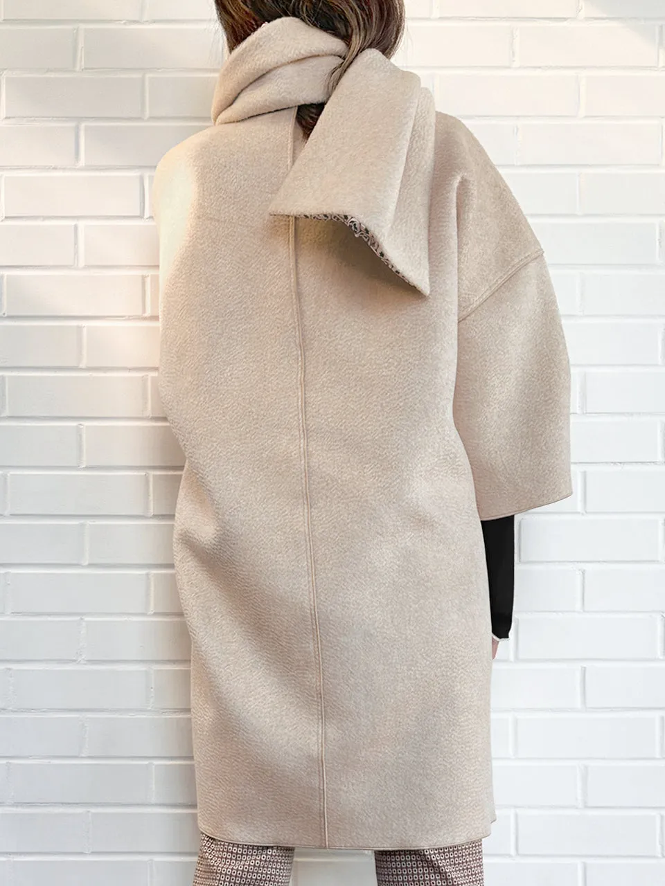 Taupe Ruffled Cashmere Luxury Cocoon Coat with Matching Scarf