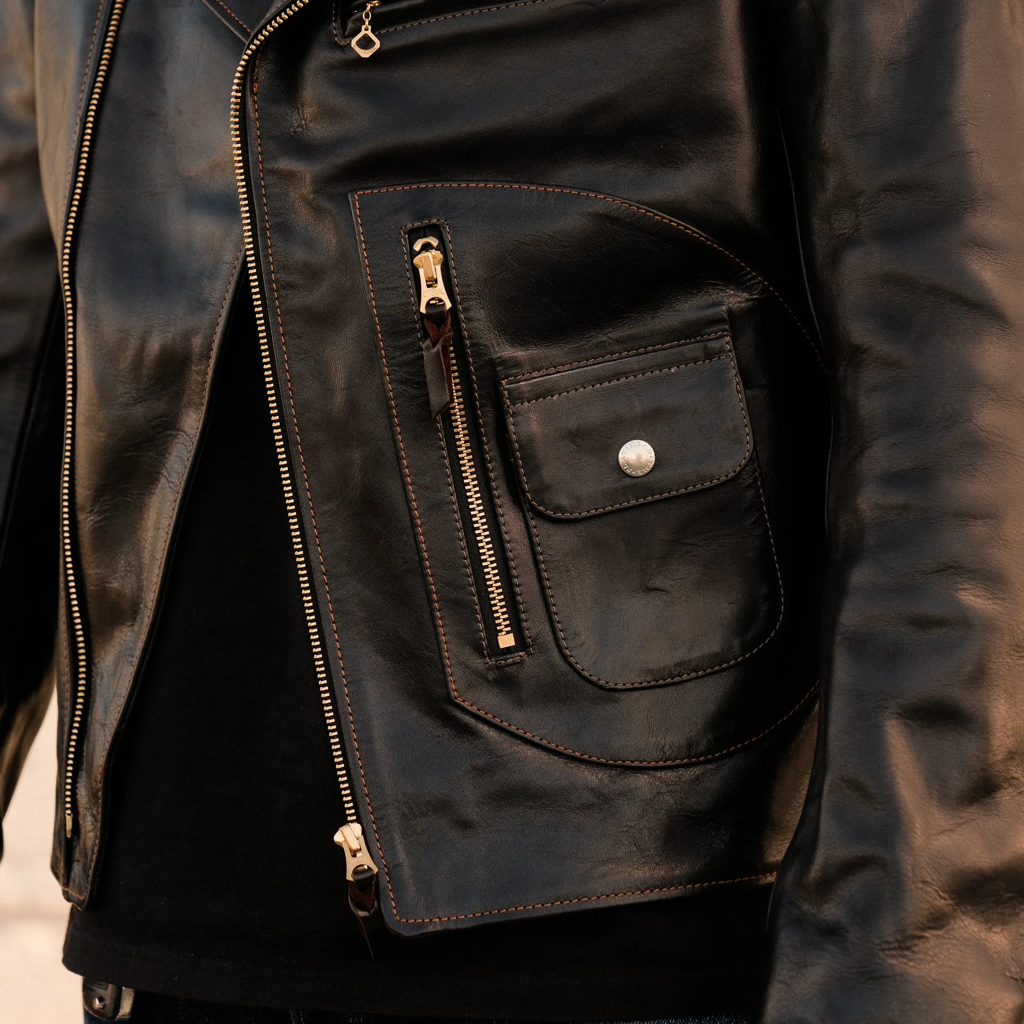 The Flat Head FN-LJ-HW001 Horsehide D-Pocket Motorcycle Jacket Black