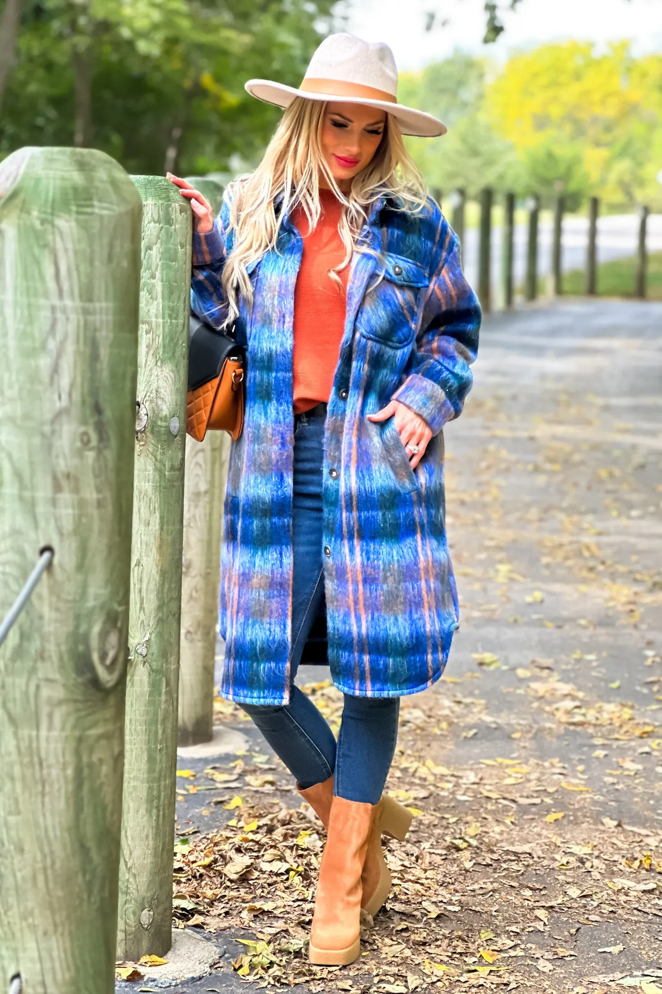 Tribal Deirdre Fuzzy Plaid Coat : Blue/Camel