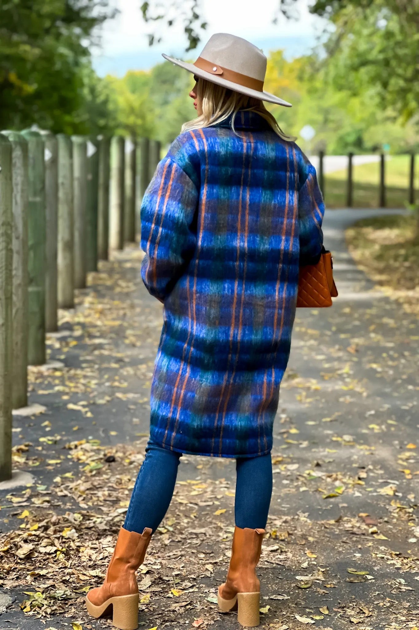 Tribal Deirdre Fuzzy Plaid Coat : Blue/Camel