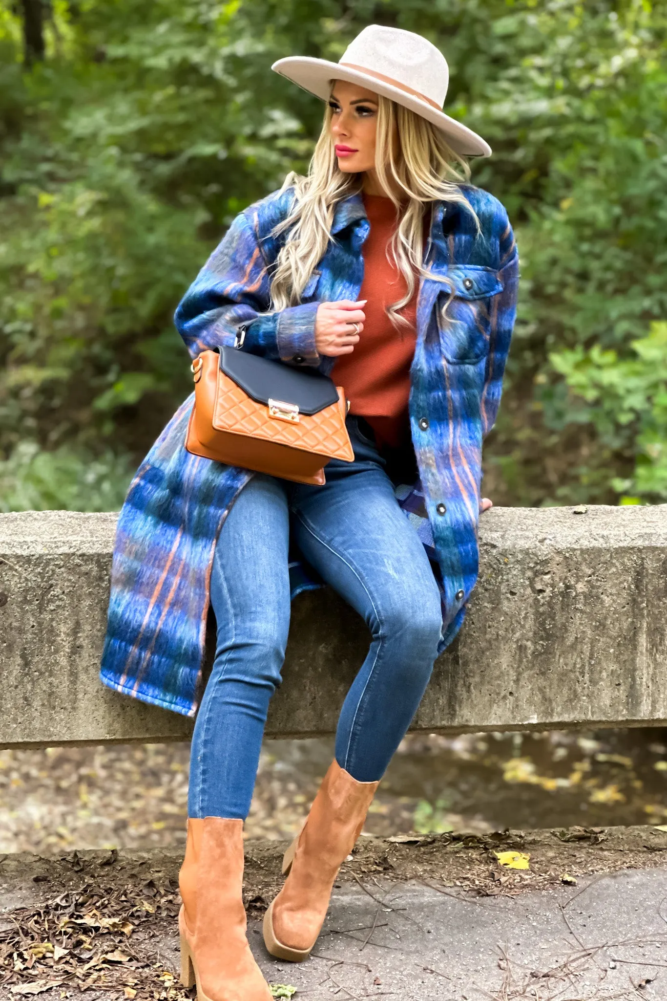 Tribal Deirdre Fuzzy Plaid Coat : Blue/Camel