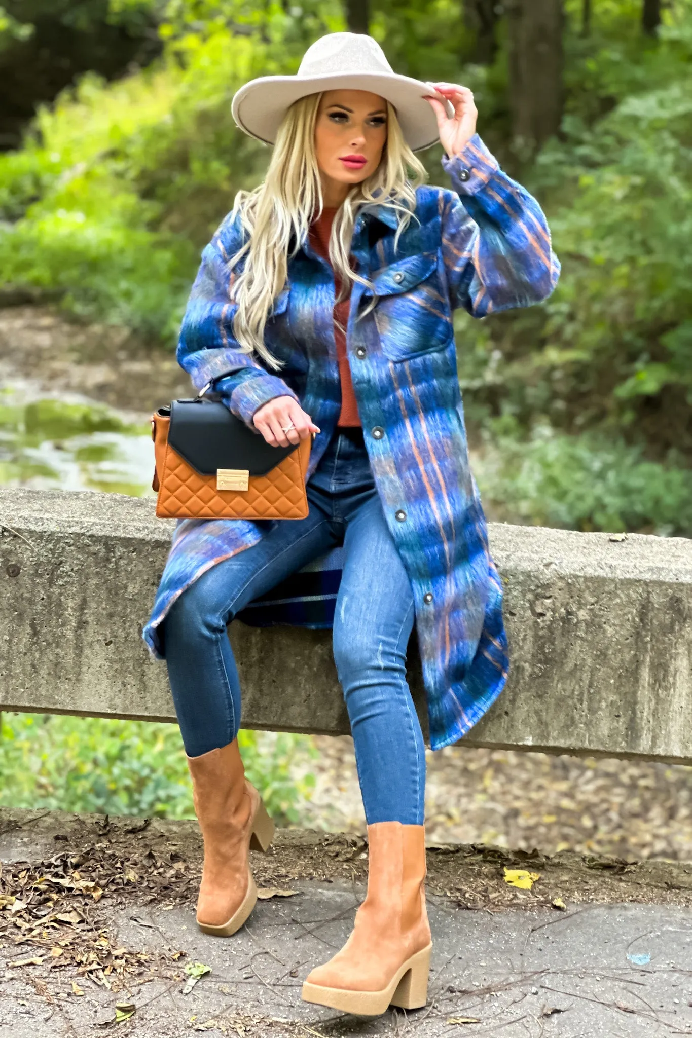 Tribal Deirdre Fuzzy Plaid Coat : Blue/Camel