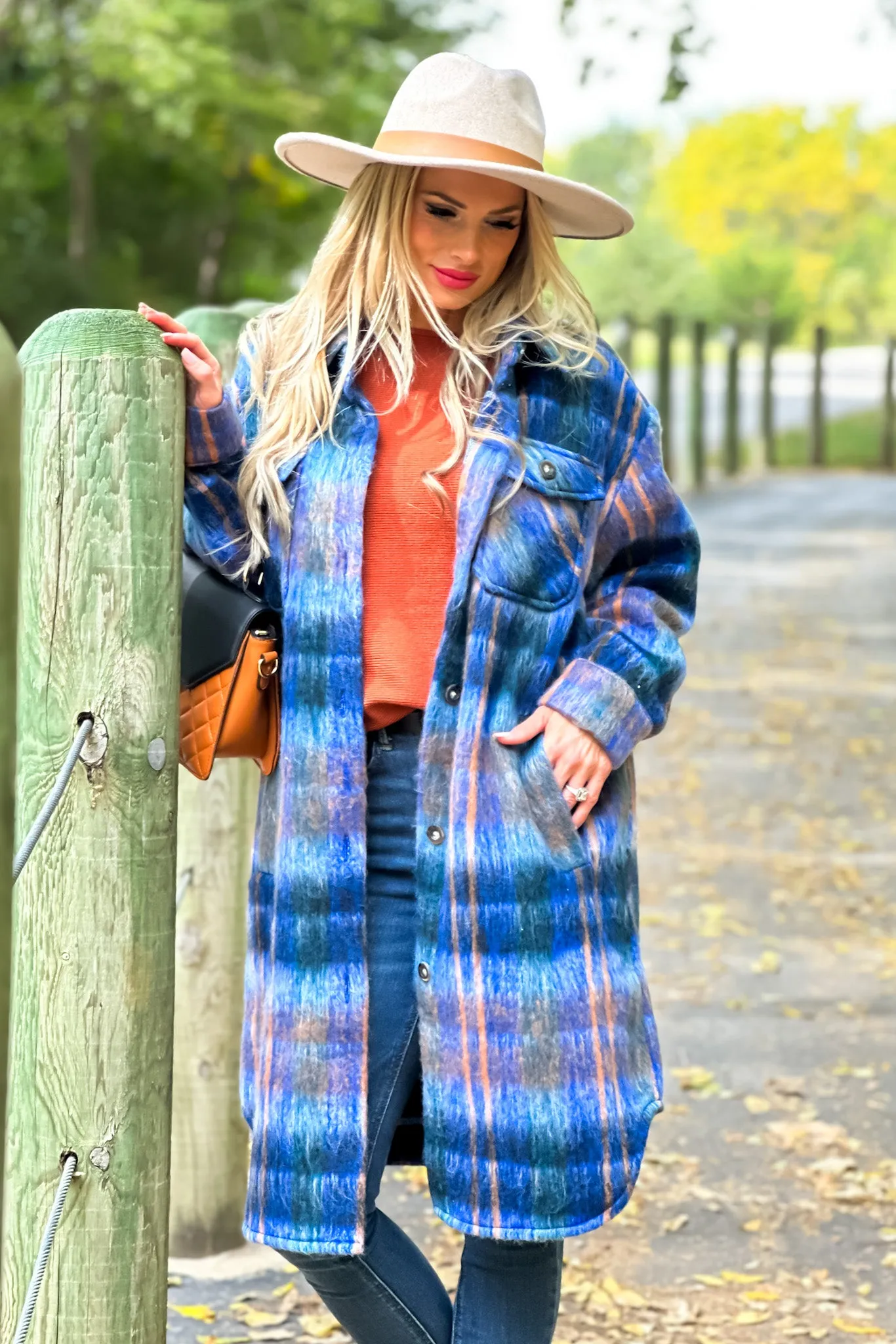 Tribal Deirdre Fuzzy Plaid Coat : Blue/Camel