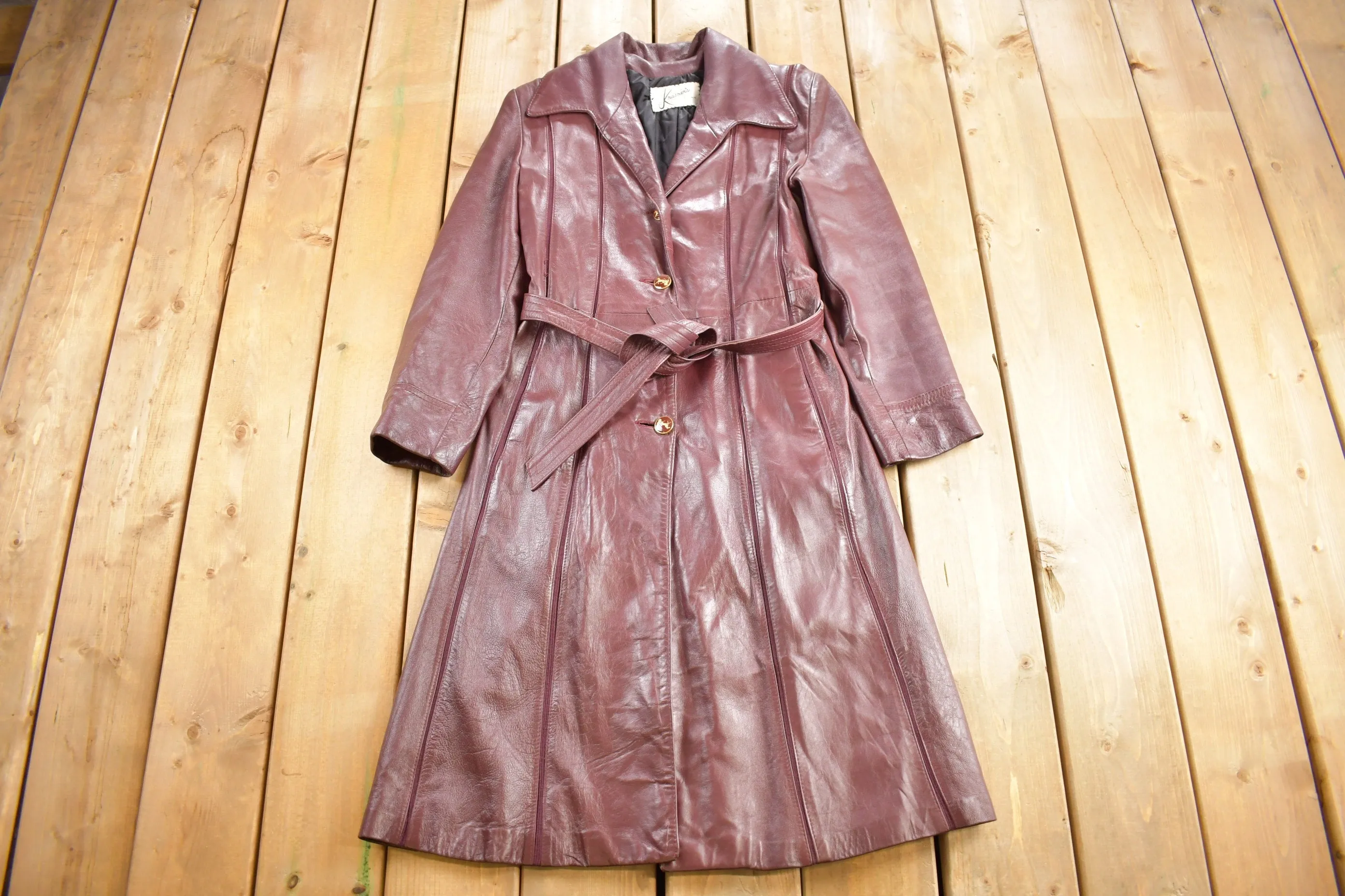 1970s Vintage Genuine Red Leather Button-Down Trench Coat - Womens Size Small - Classic Retro Outerwear