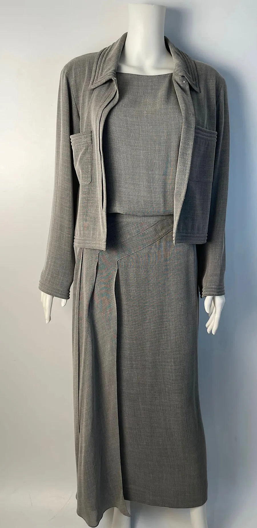 Vintage Chanel 99P 1999 Spring Grey 3 Piece Skirt Blouse Jacket Dress Outfit Set FR 36