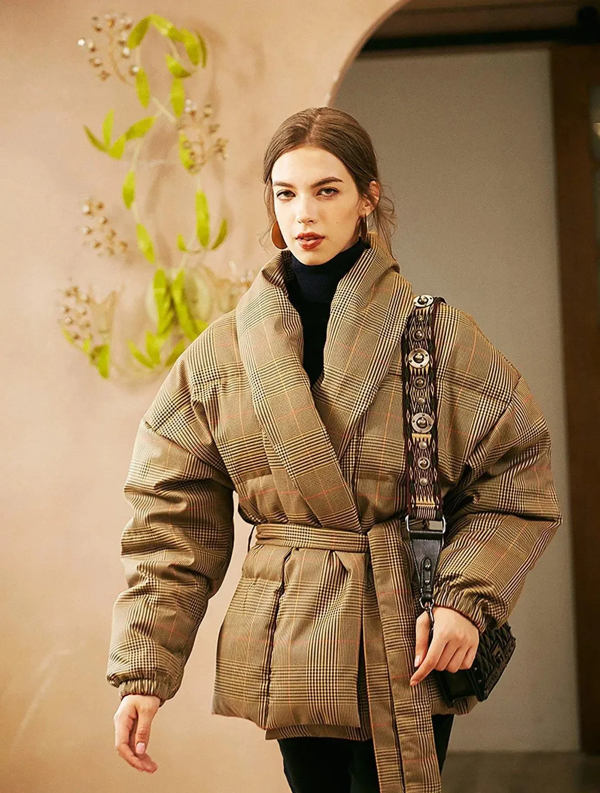 Women Plaid Down Coat,Wool Down Jacket,Wrap Down Coat,checkered Quilted Down Puffer Coat,Warm Puffy Coat,Down Jacket with belt,Winter Coat