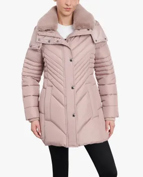 ZIP-FRONT HOODED PUFFER JACKET WITH BUTTON-OFF FUR COLLAR