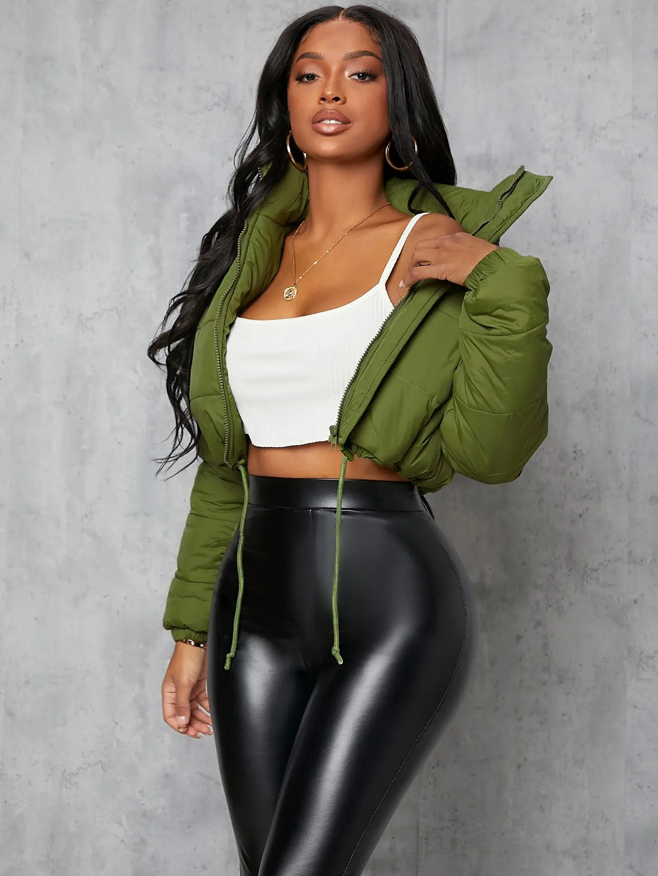 Zip Up Drawstring Crop Puffer Coat